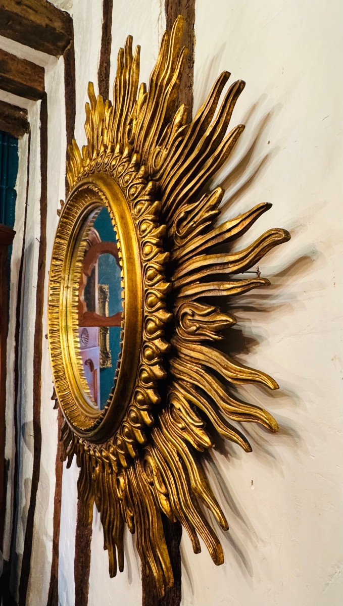 Important Gilded Wooden Sunburst Mirror – 20th Century – ø 125 Cm-photo-3