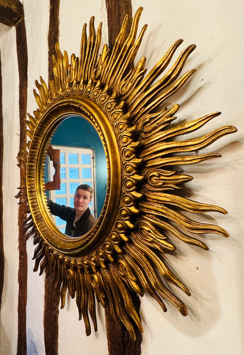 Important Gilded Wooden Sunburst Mirror – 20th Century – ø 125 Cm-photo-4