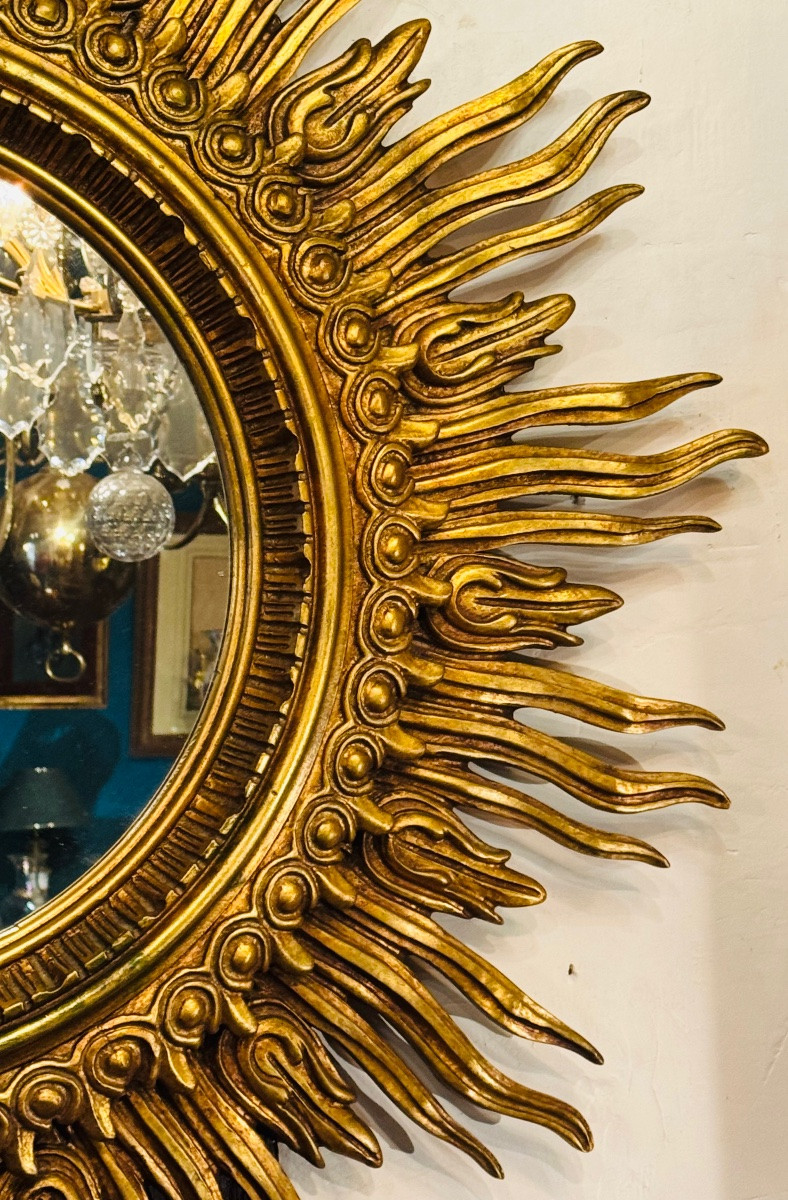 Important Gilded Wooden Sunburst Mirror – 20th Century – ø 125 Cm-photo-5