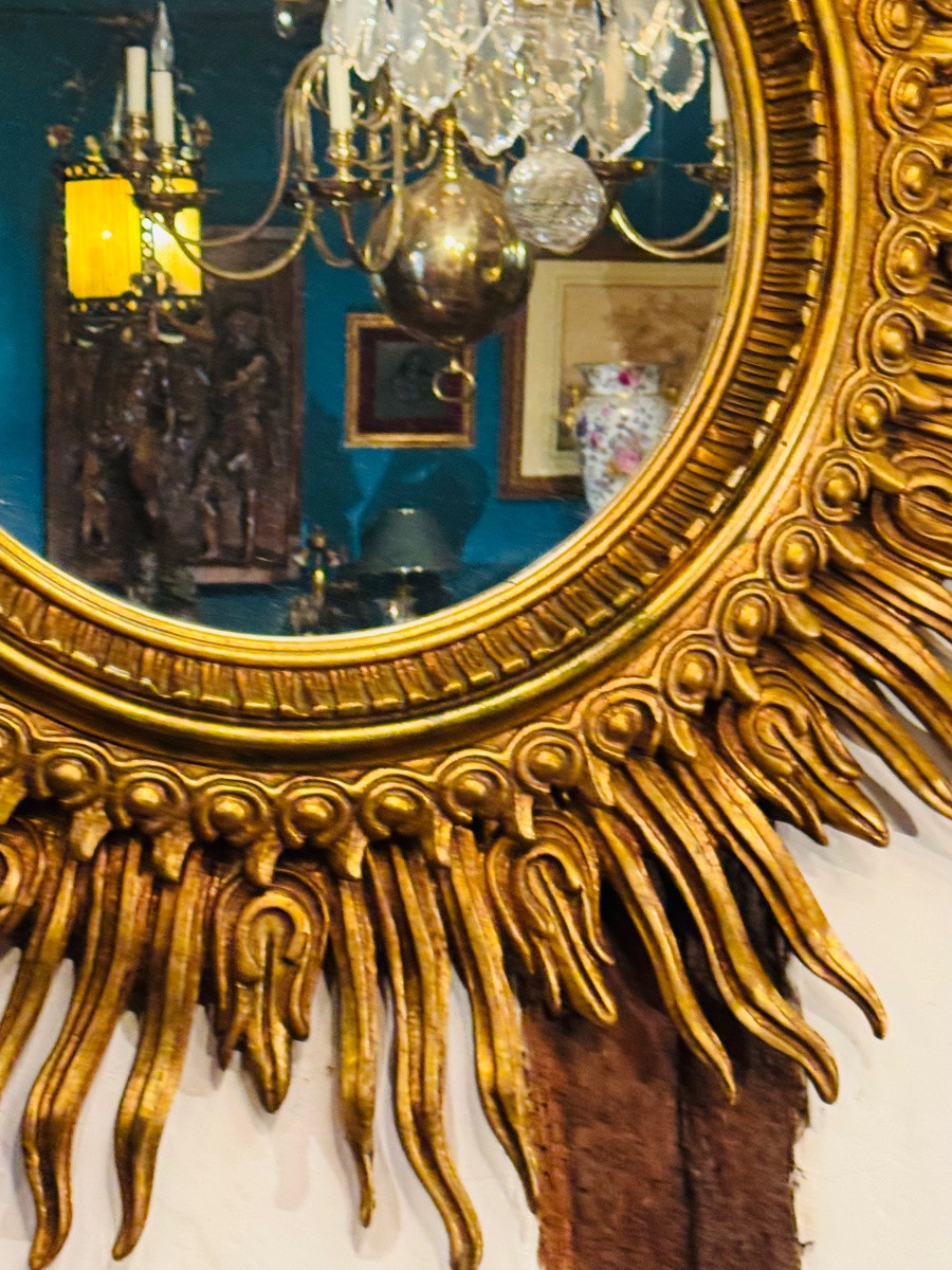 Important Gilded Wooden Sunburst Mirror – 20th Century – ø 125 Cm-photo-6