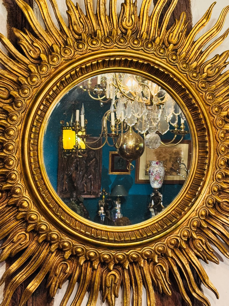 Important Gilded Wooden Sunburst Mirror – 20th Century – ø 125 Cm-photo-8