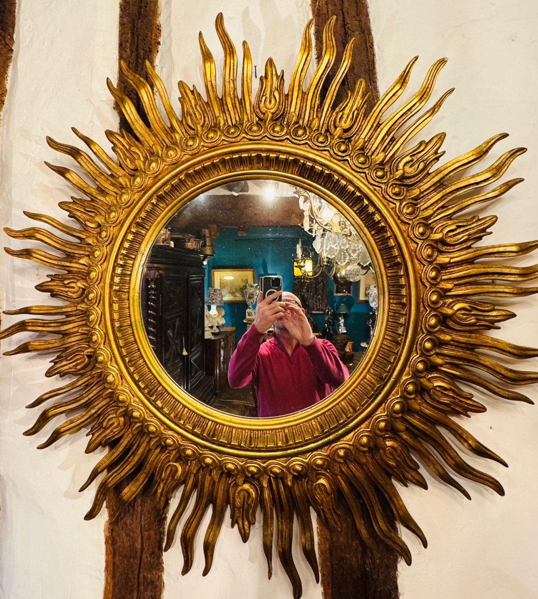 Important Gilded Wooden Sunburst Mirror – 20th Century – ø 125 Cm