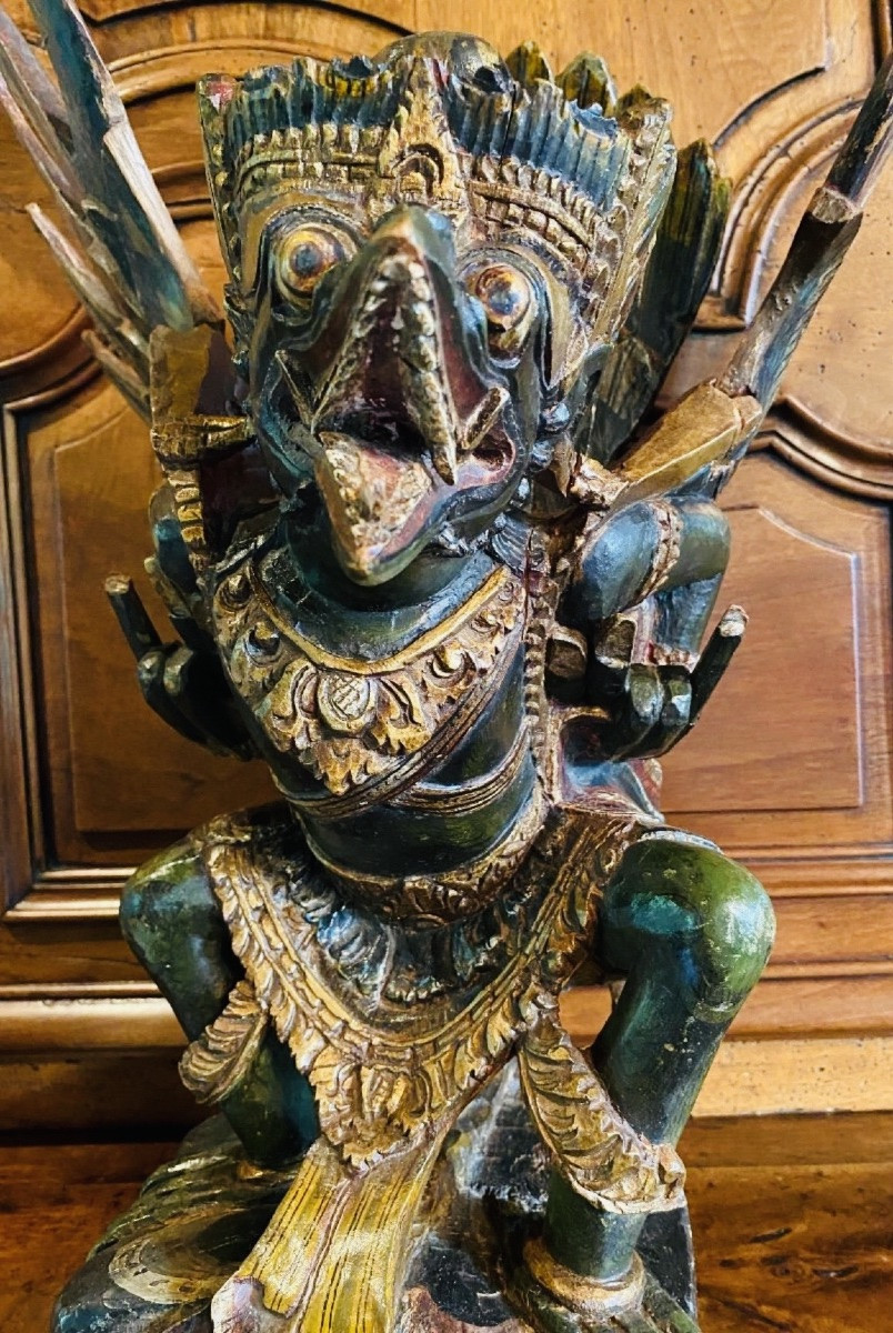 Garouda En Bois Polychrome Et Bois Doré, Inde 1ere Moitié Du XX Eme Siècle-photo-3