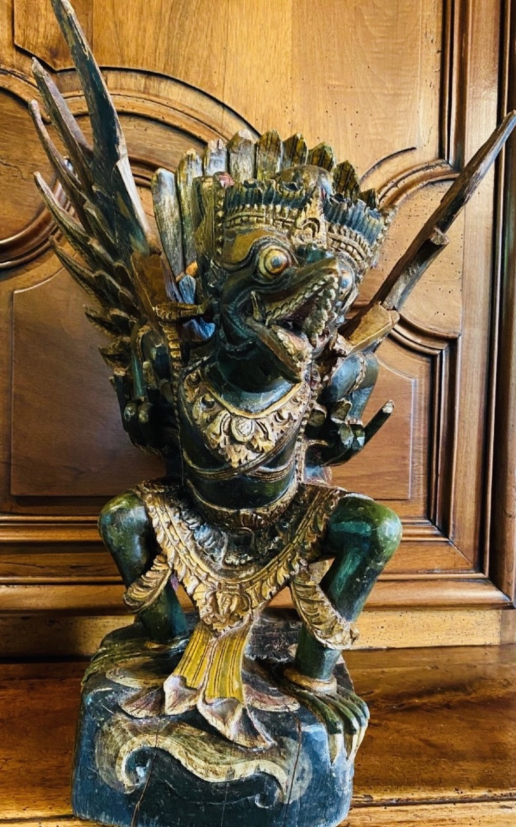 Garouda En Bois Polychrome Et Bois Doré, Inde 1ere Moitié Du XX Eme Siècle-photo-6