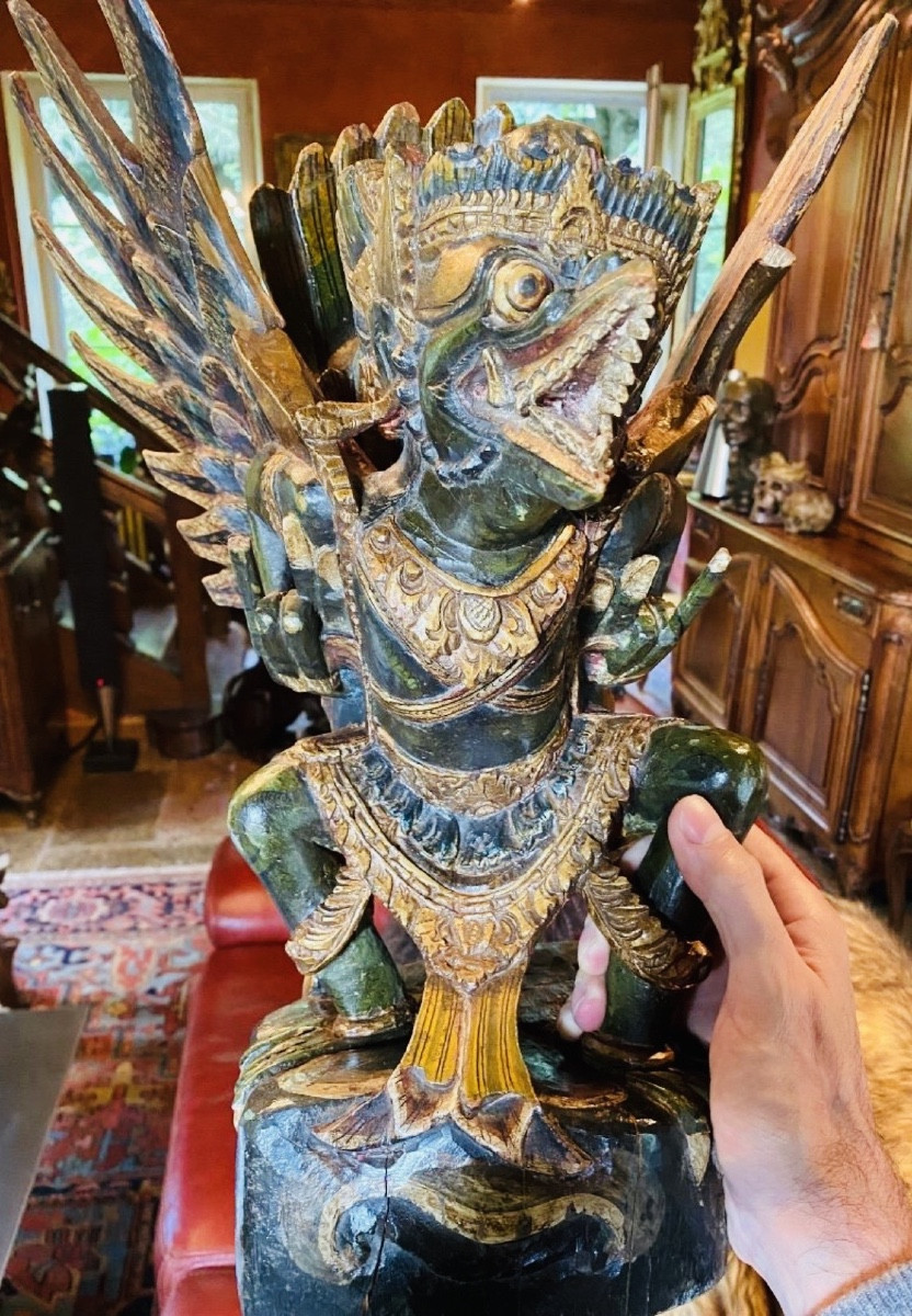 Garouda En Bois Polychrome Et Bois Doré, Inde 1ere Moitié Du XX Eme Siècle
