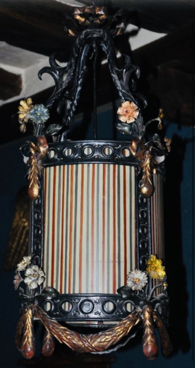 19th Century Painted Sheet Metal And Colored Glass Lantern-photo-2