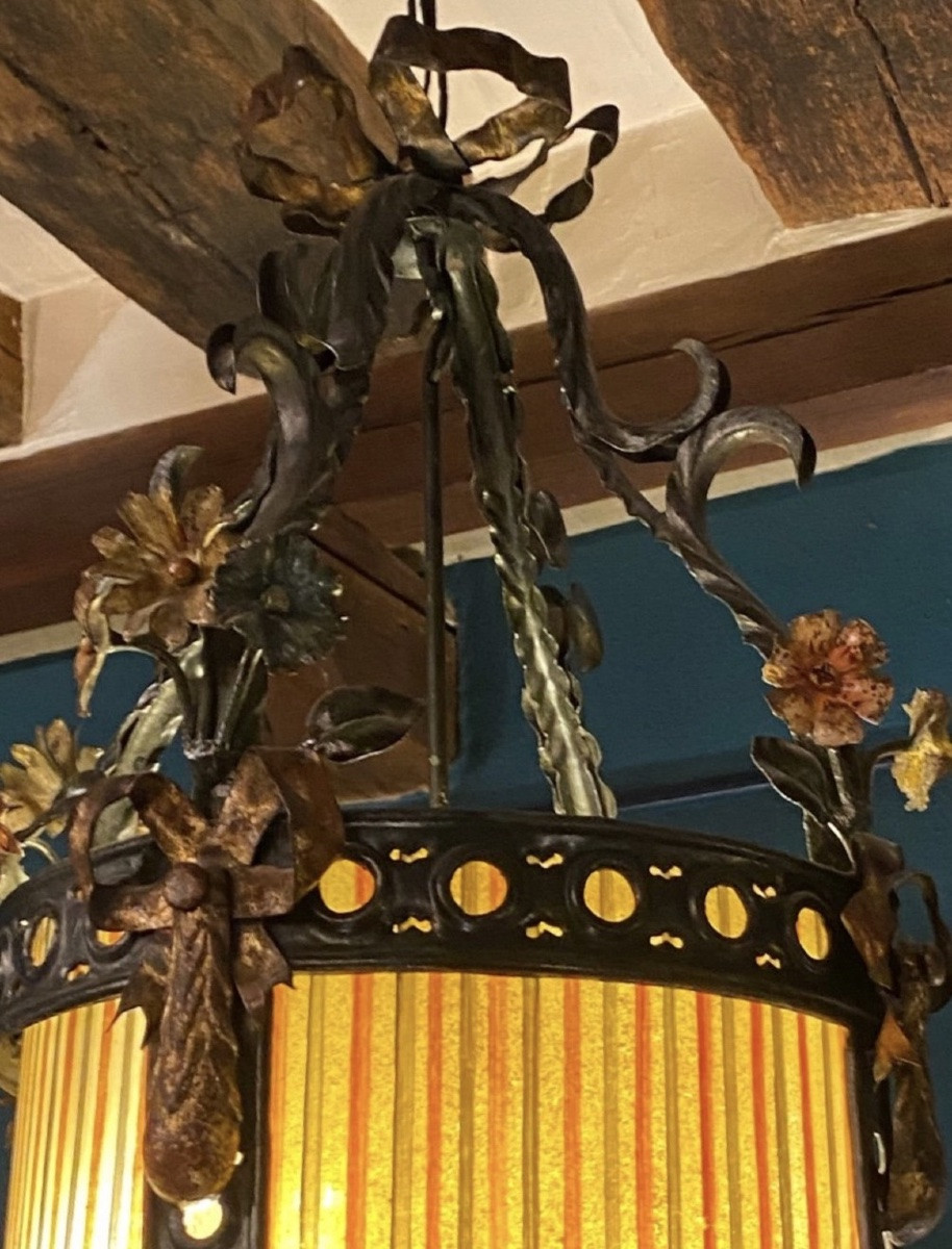 19th Century Painted Sheet Metal And Colored Glass Lantern-photo-3