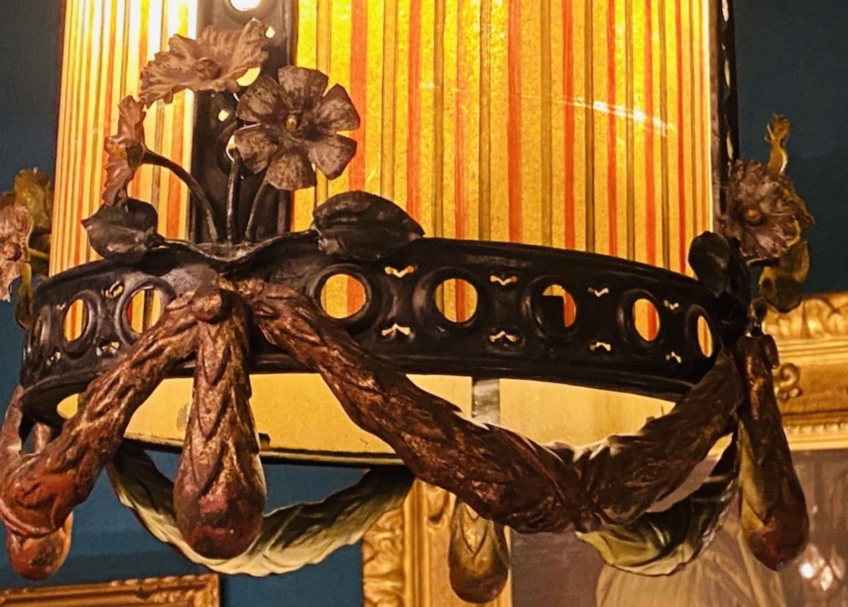 19th Century Painted Sheet Metal And Colored Glass Lantern-photo-4