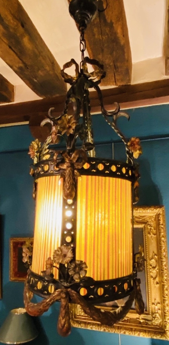 19th Century Painted Sheet Metal And Colored Glass Lantern-photo-1