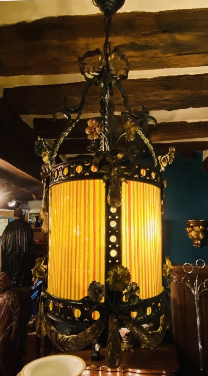 19th Century Painted Sheet Metal And Colored Glass Lantern-photo-3