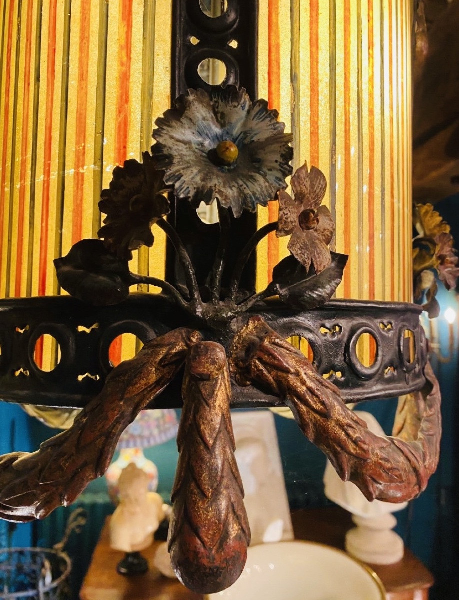 19th Century Painted Sheet Metal And Colored Glass Lantern-photo-4