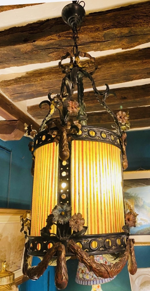 19th Century Painted Sheet Metal And Colored Glass Lantern-photo-5