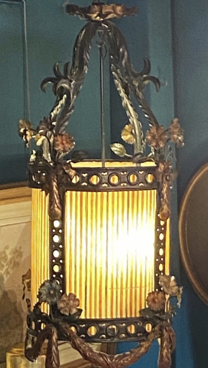 19th Century Painted Sheet Metal And Colored Glass Lantern-photo-7