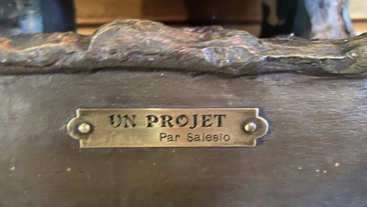 Trois  Petites filles en terre cuite polychrome, intitulée «  un projet », signée Salesio-photo-4