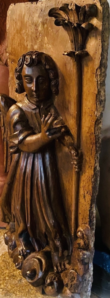 Gabriel, Angel Of The Annunciation To Mary, Walnut Sculpture In High Relief, Late 17th Century-photo-8