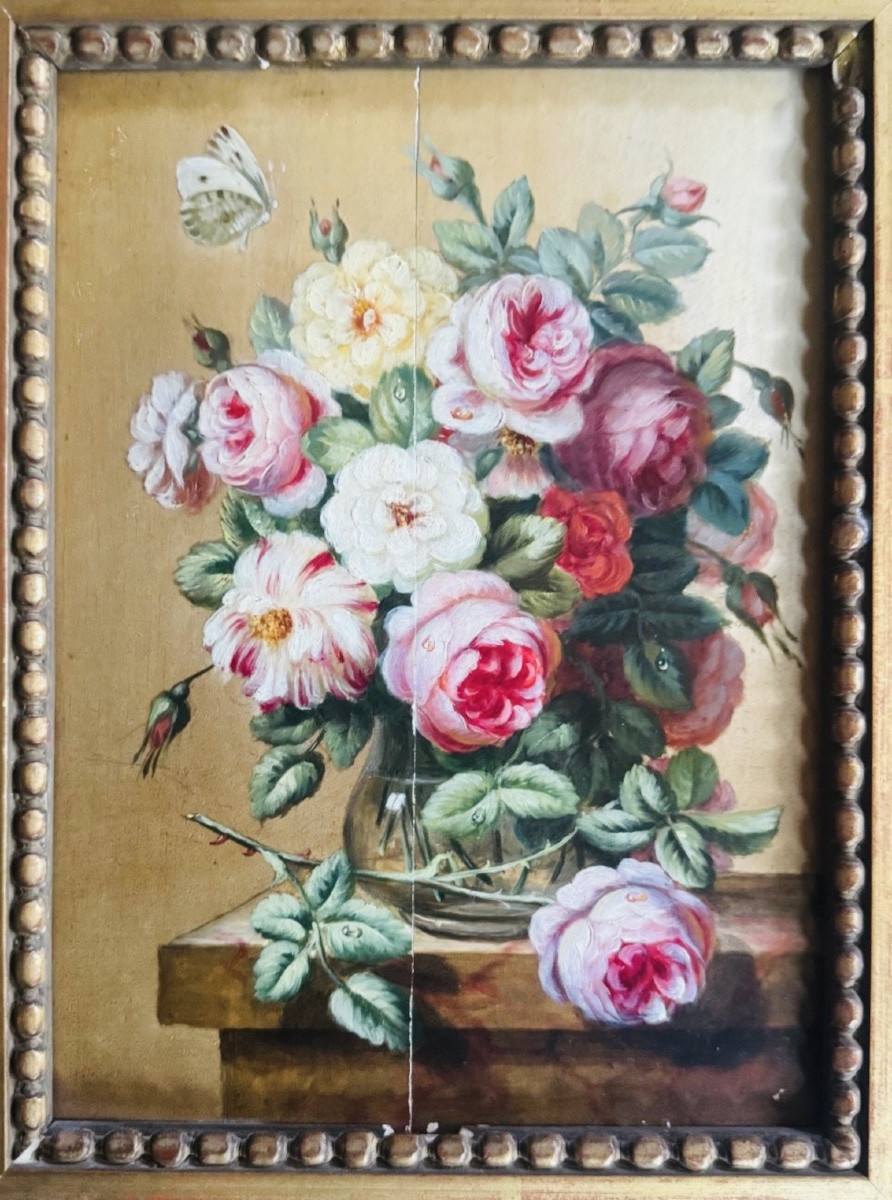 Vanité au bouquet de roses, Huile Sur Panneau Du XIX Eme Siècle-photo-3