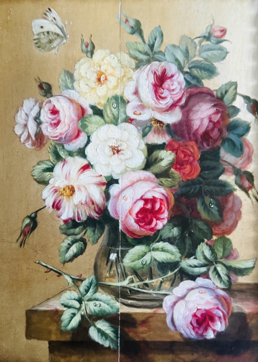 Vanité au bouquet de roses, Huile Sur Panneau Du XIX Eme Siècle-photo-4