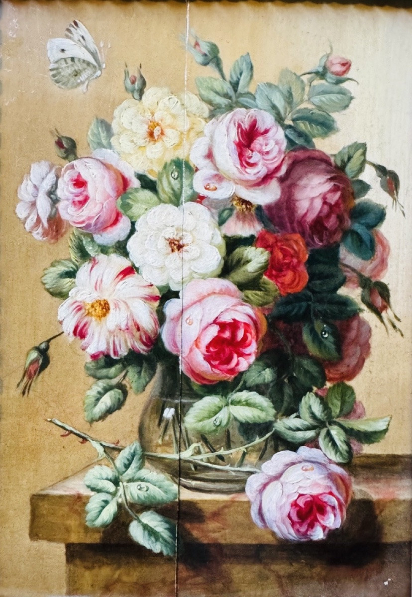 Vanité au bouquet de roses, Huile Sur Panneau Du XIX Eme Siècle-photo-1