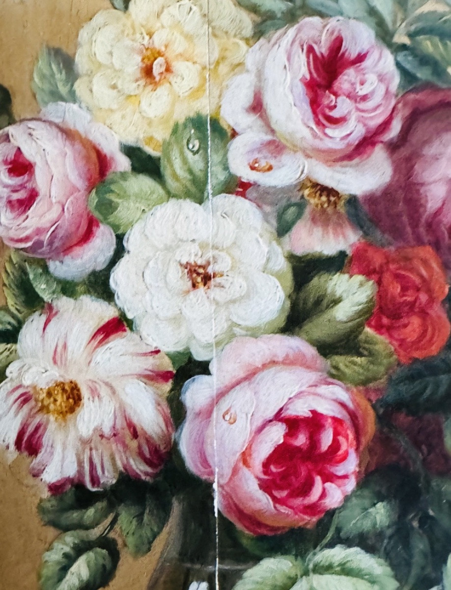 Vanité au bouquet de roses, Huile Sur Panneau Du XIX Eme Siècle-photo-3