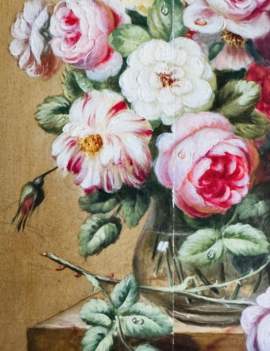 Vanité au bouquet de roses, Huile Sur Panneau Du XIX Eme Siècle-photo-5