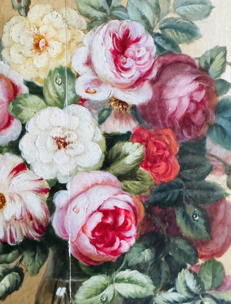 Vanité au bouquet de roses, Huile Sur Panneau Du XIX Eme Siècle-photo-6