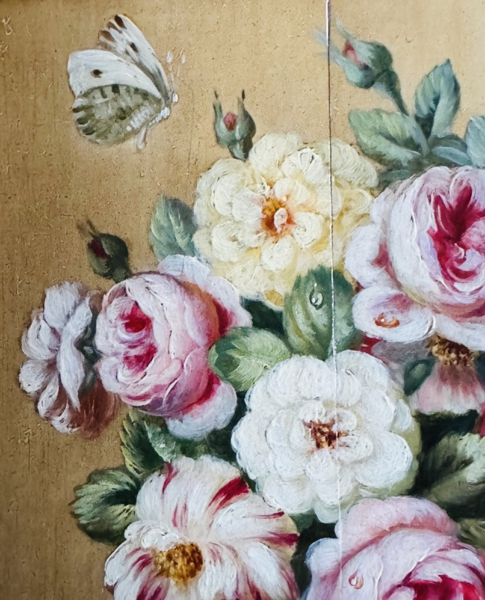 Vanité au bouquet de roses, Huile Sur Panneau Du XIX Eme Siècle-photo-7