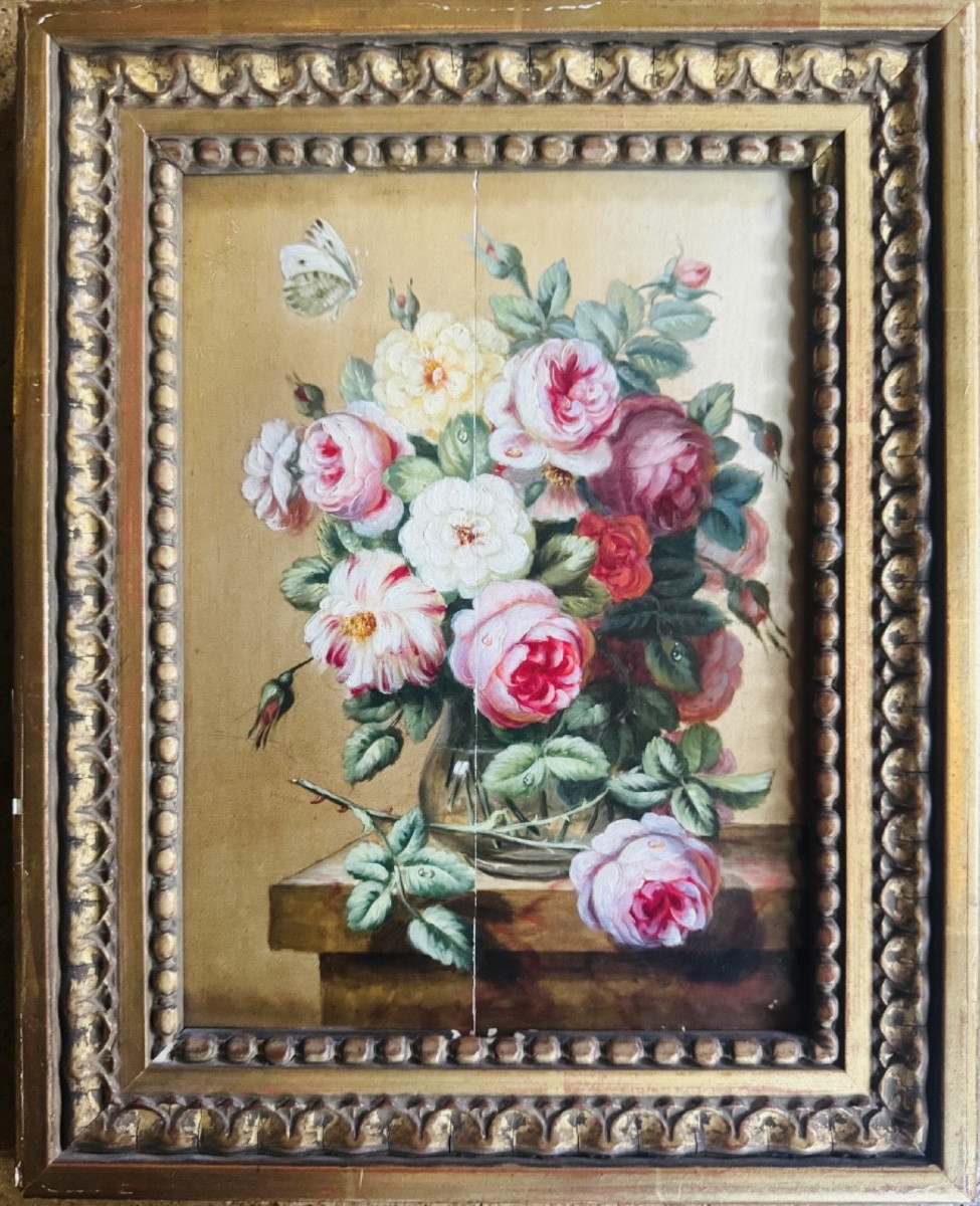 Vanité au bouquet de roses, Huile Sur Panneau Du XIX Eme Siècle