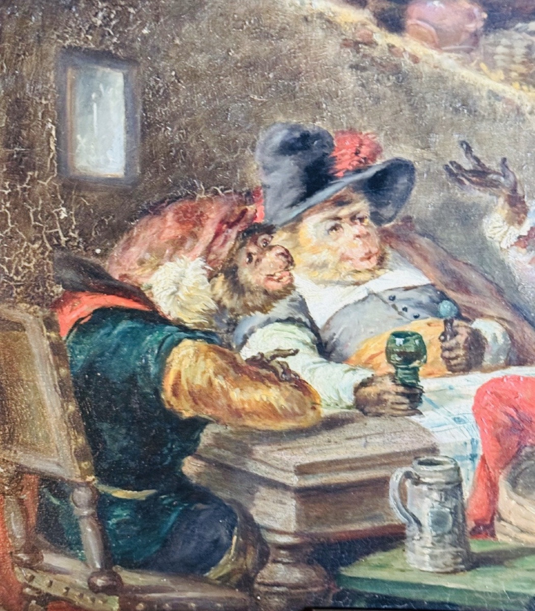 Monkey Business In An Inn, Oil On Panel, 19th Century-photo-1