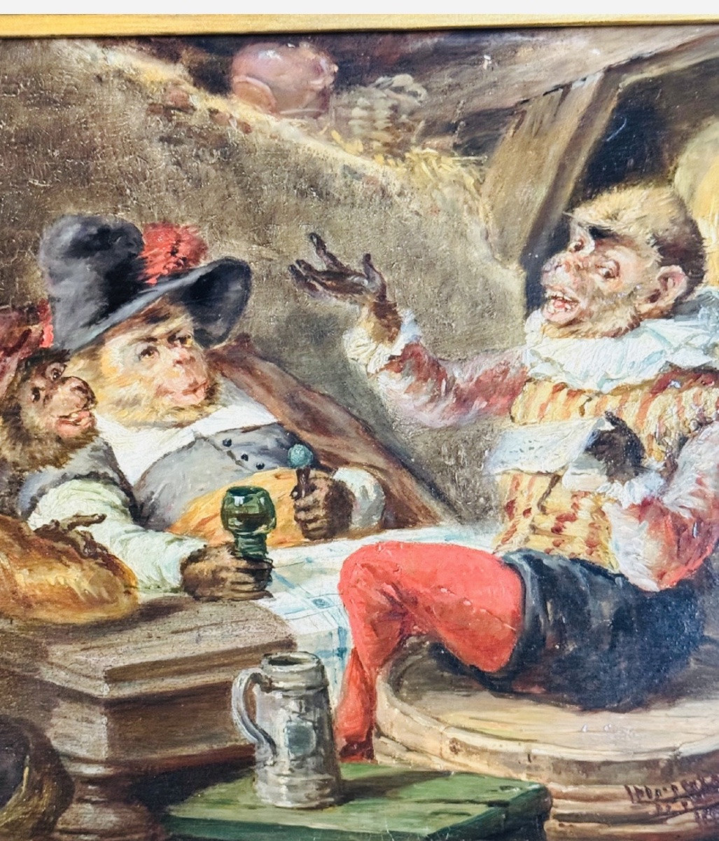 Monkey Business In An Inn, Oil On Panel, 19th Century-photo-2