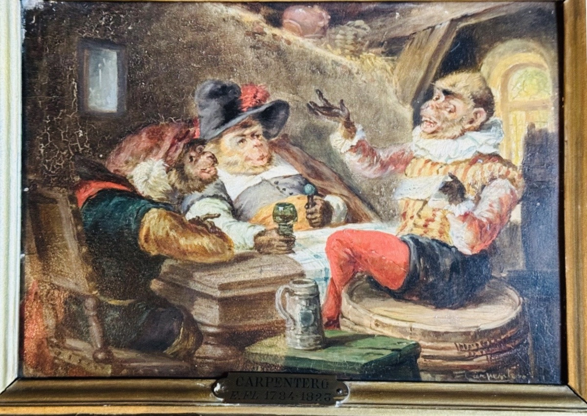 Monkey Business In An Inn, Oil On Panel, 19th Century-photo-6