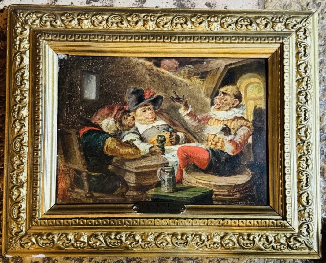 Monkey Business In An Inn, Oil On Panel, 19th Century