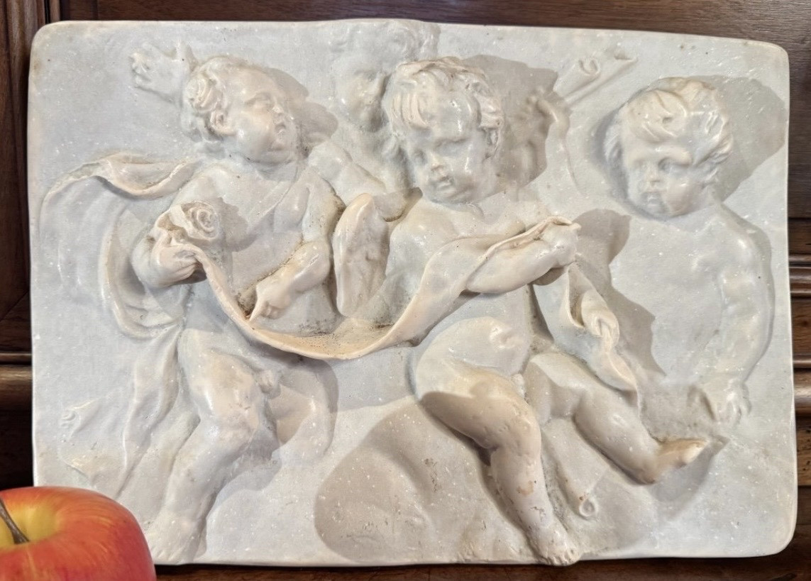 Terre cuite émaillée Dans Le Goût De Duquesnoy, Ange Et Putti, Fin Du XVIII Eme Siècle-photo-2