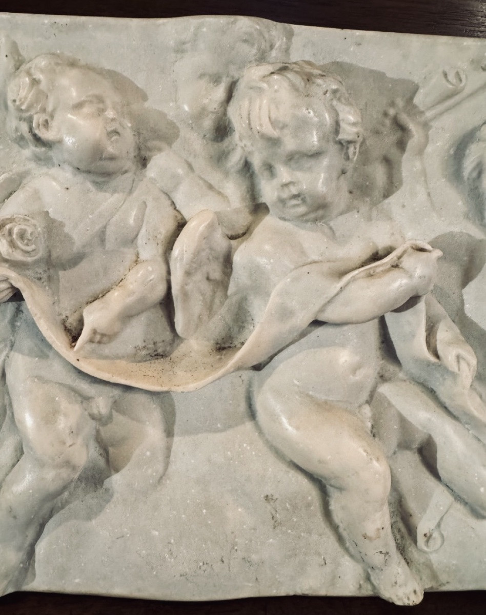 Terre cuite émaillée Dans Le Goût De Duquesnoy, Ange Et Putti, Fin Du XVIII Eme Siècle-photo-4