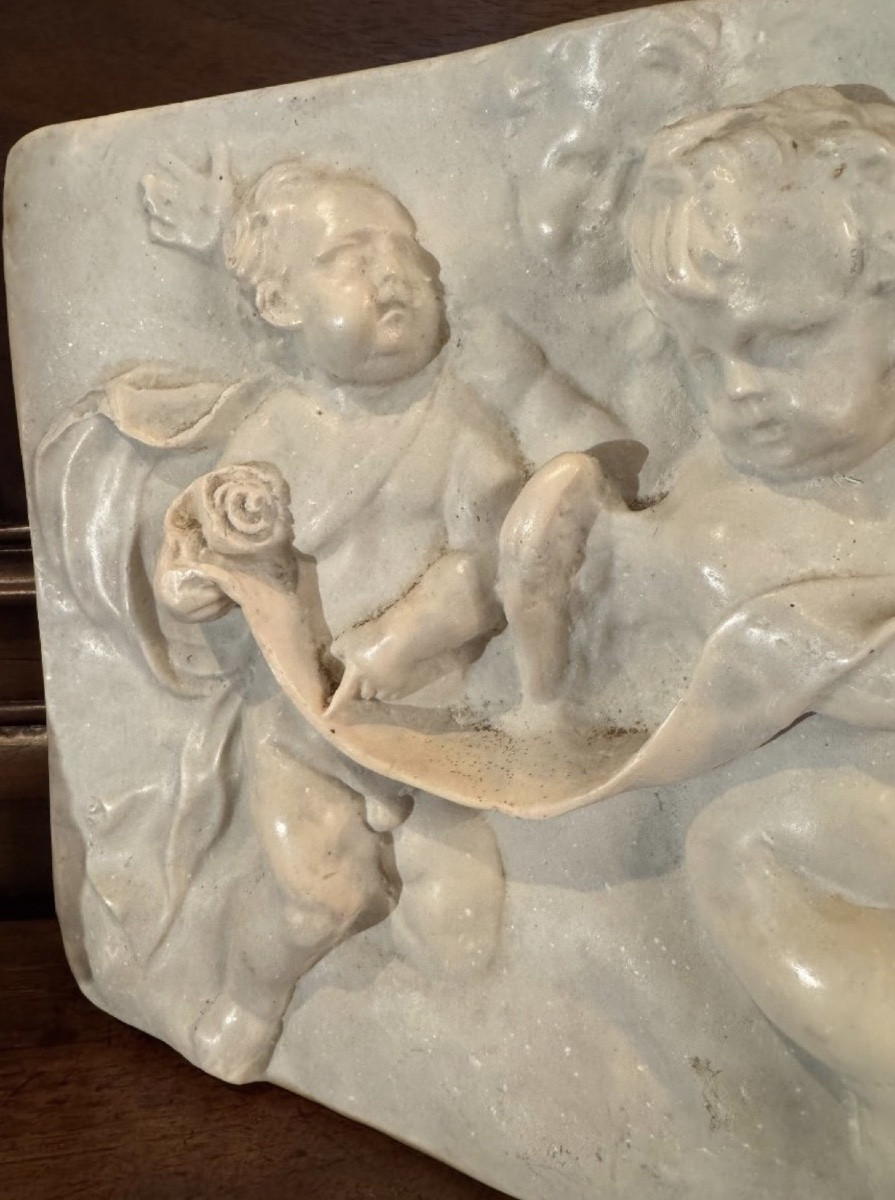 Terre cuite émaillée Dans Le Goût De Duquesnoy, Ange Et Putti, Fin Du XVIII Eme Siècle-photo-5