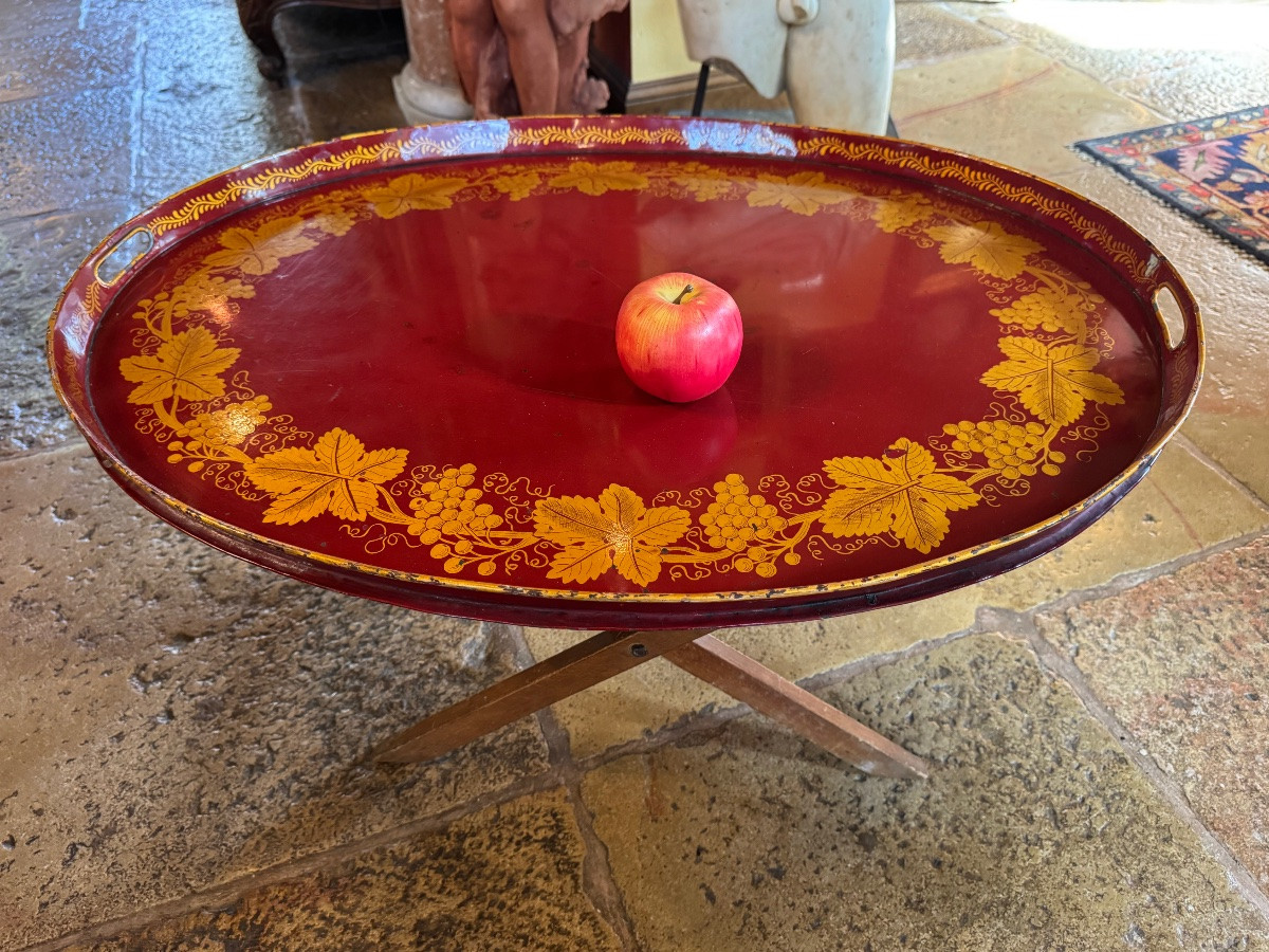  Folding Coffee Table With Removable Top In Painted Sheet Metal, Gold Decoration On A Red Background-photo-2