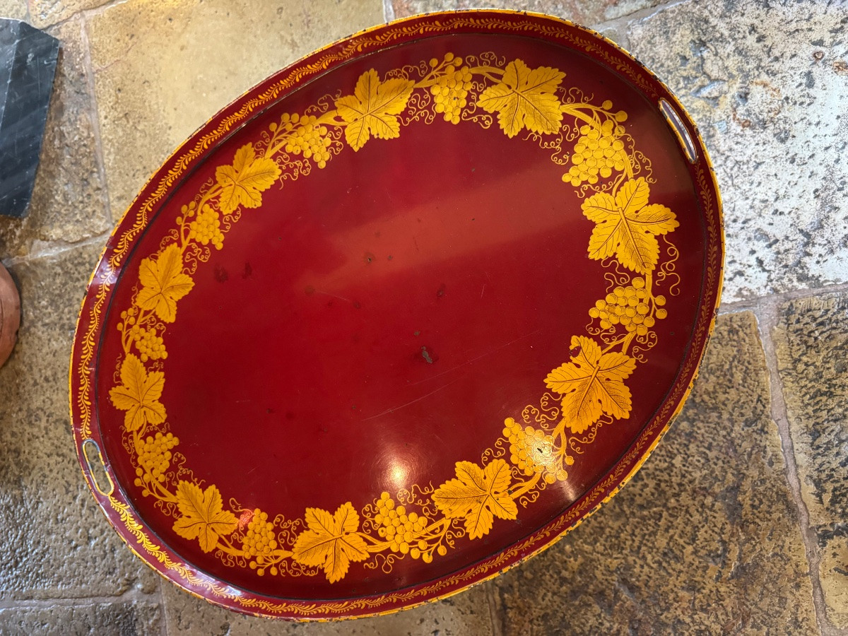  Folding Coffee Table With Removable Top In Painted Sheet Metal, Gold Decoration On A Red Background-photo-4