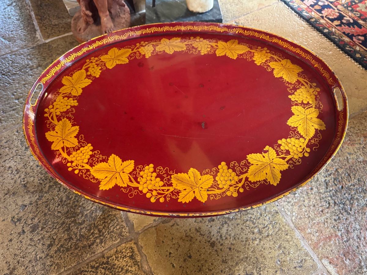  Folding Coffee Table With Removable Top In Painted Sheet Metal, Gold Decoration On A Red Background-photo-5