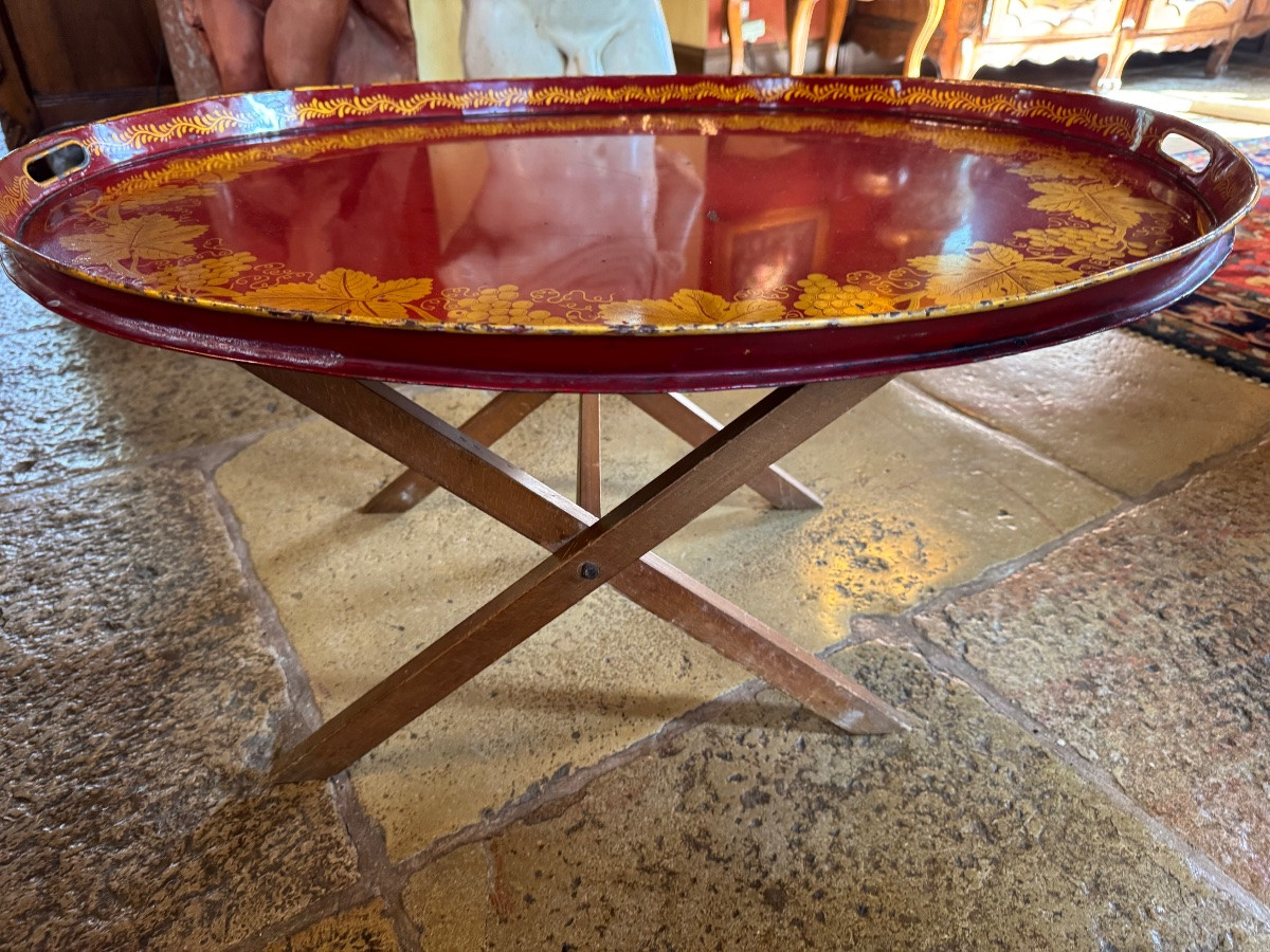  Folding Coffee Table With Removable Top In Painted Sheet Metal, Gold Decoration On A Red Background-photo-6