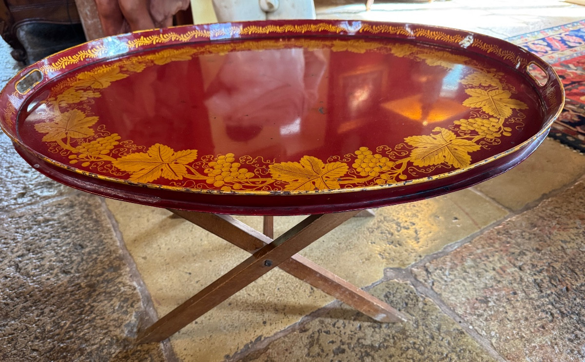  Folding Coffee Table With Removable Top In Painted Sheet Metal, Gold Decoration On A Red Background