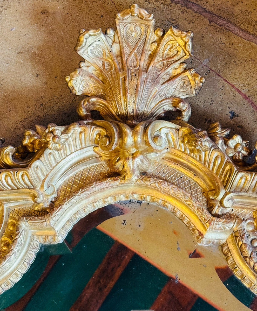 Miroir de style Régence en bois et stuc doré, décor aux sirènes - Époque Napoléon III-photo-1