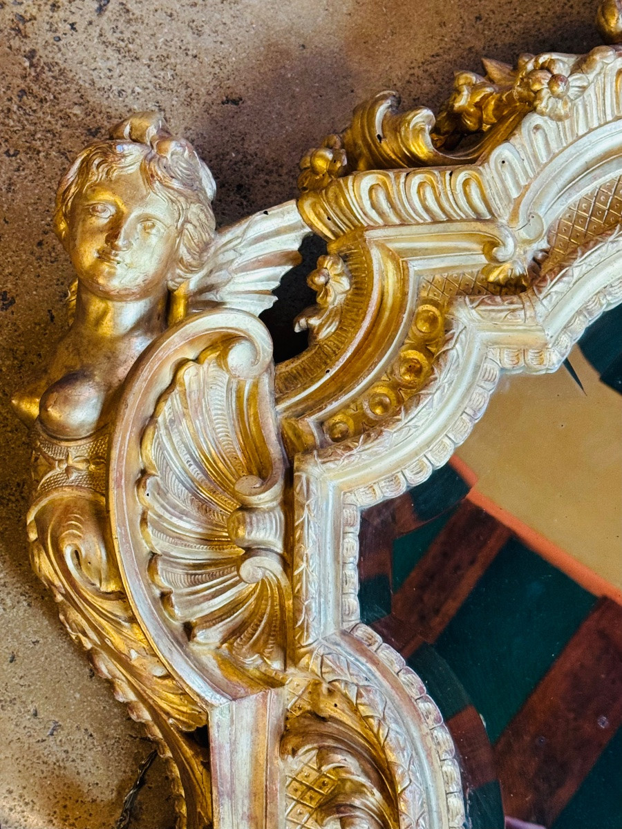 Miroir de style Régence en bois et stuc doré, décor aux sirènes - Époque Napoléon III-photo-2