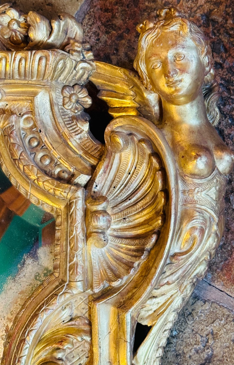 Miroir de style Régence en bois et stuc doré, décor aux sirènes - Époque Napoléon III-photo-3