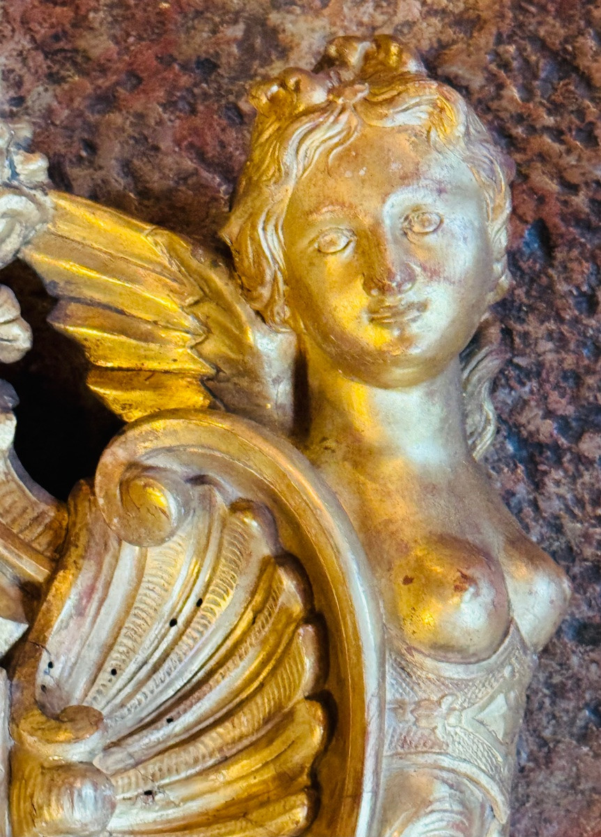 Miroir de style Régence en bois et stuc doré, décor aux sirènes - Époque Napoléon III-photo-4