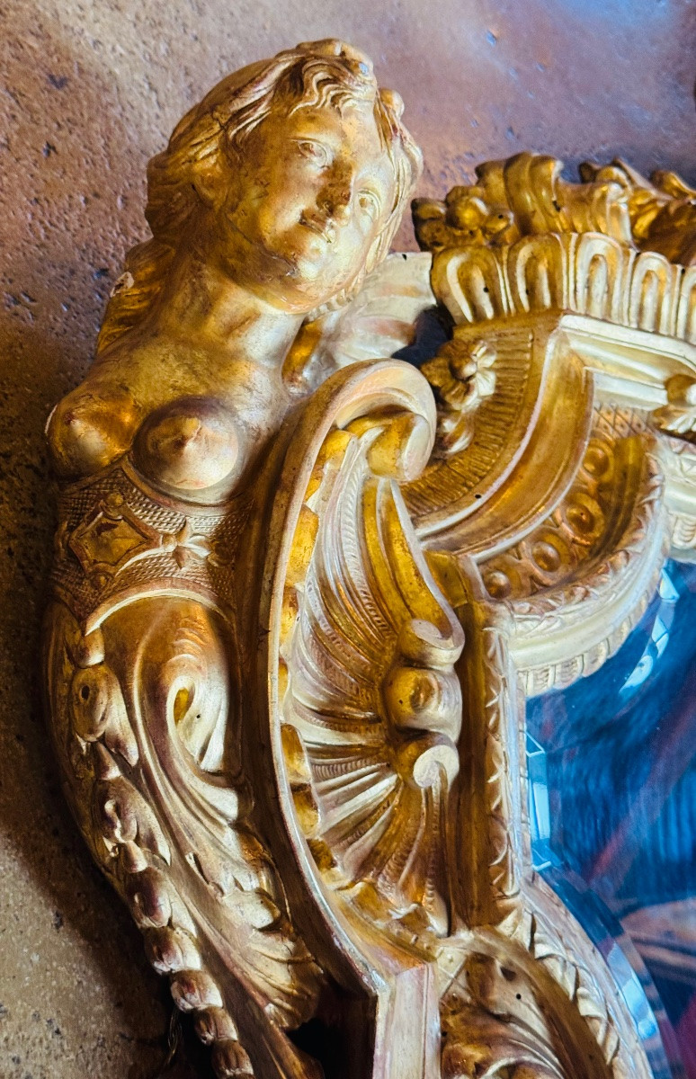 Miroir de style Régence en bois et stuc doré, décor aux sirènes - Époque Napoléon III-photo-8