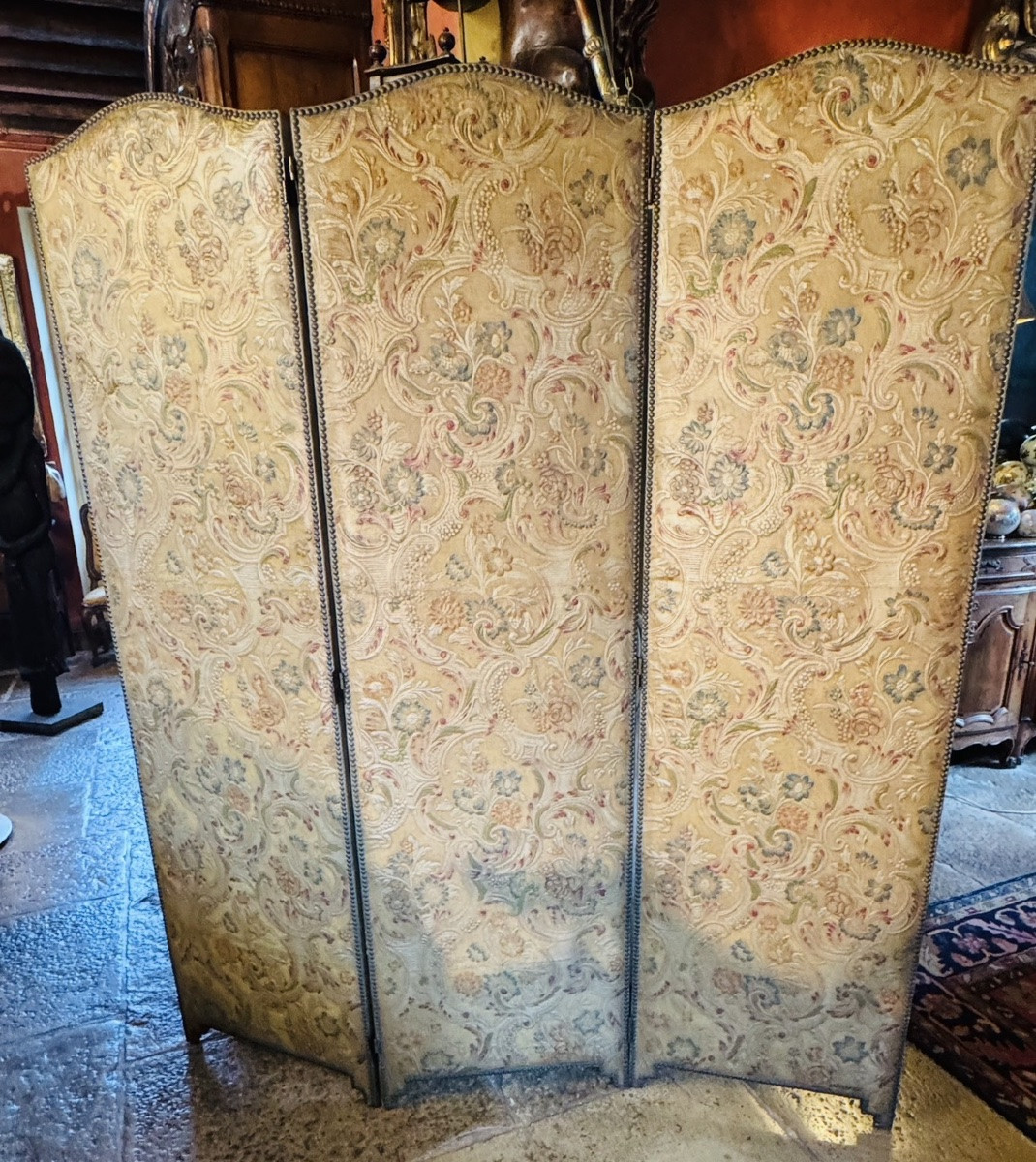 Paravent en cuir de Cordoue gaufré et polychrome - Époque Napoléon III-photo-2
