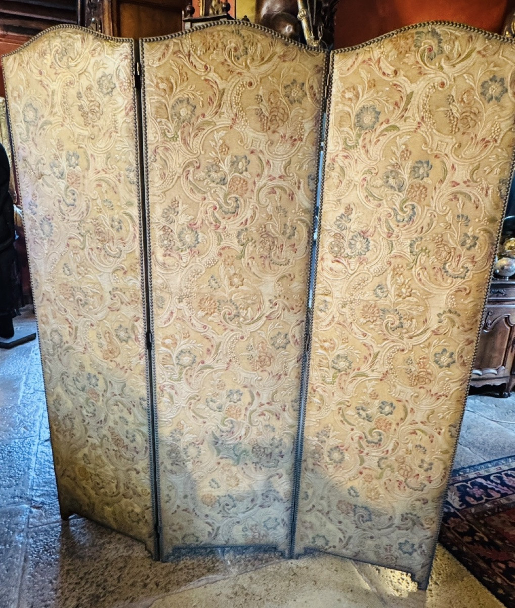 Paravent en cuir de Cordoue gaufré et polychrome - Époque Napoléon III-photo-3