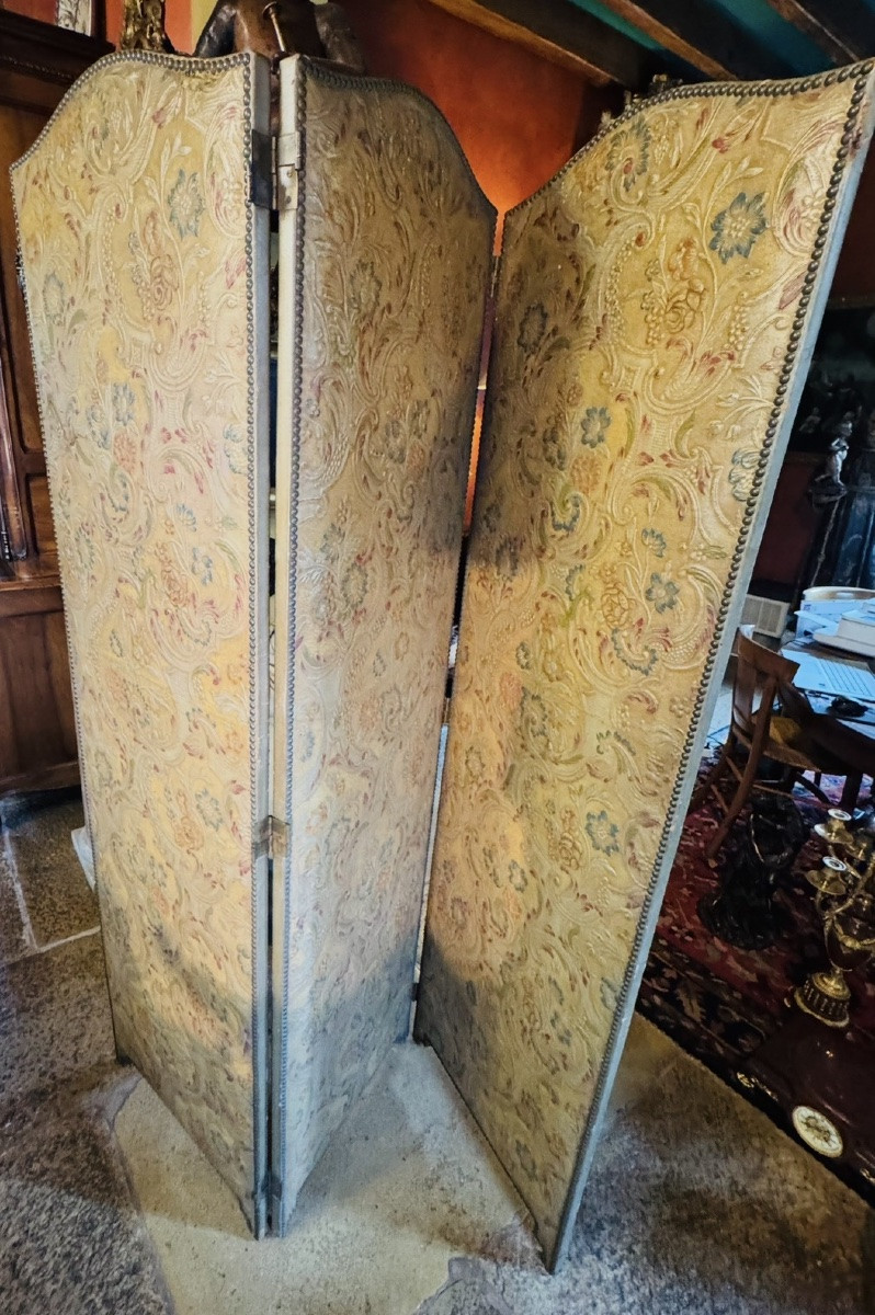 Paravent en cuir de Cordoue gaufré et polychrome - Époque Napoléon III-photo-8