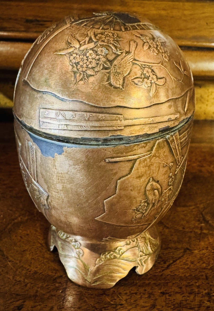 Japon époque Meiji, boîte en alliage en forme d’oeuf-photo-2