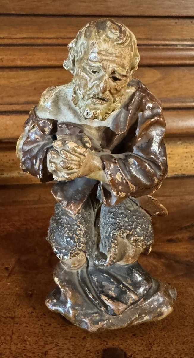 Shepherd In Adoration, Polychrome Terracotta From The 19th Century -photo-2