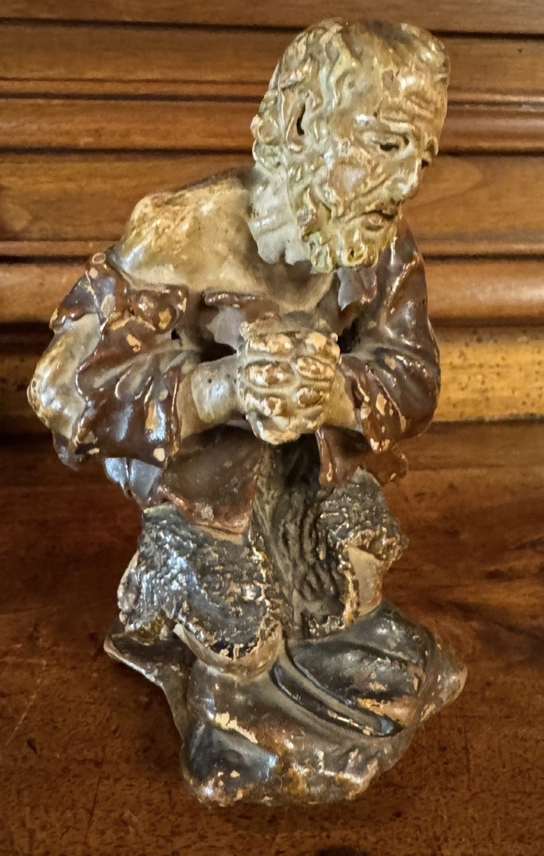 Shepherd In Adoration, Polychrome Terracotta From The 19th Century -photo-3